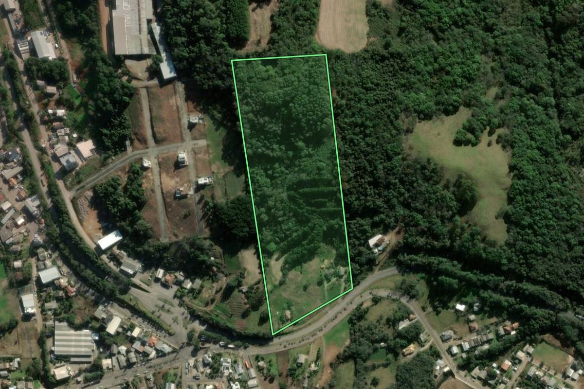 Imagem de satélite do imóvel rural em Nova Bassano (RS), com o contorno declarado no CAR desenhado por cima.