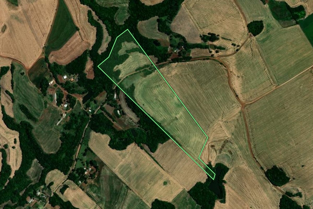 Imagem de satélite do imóvel rural em Nova Boa Vista (RS), com o contorno declarado no CAR desenhado por cima.