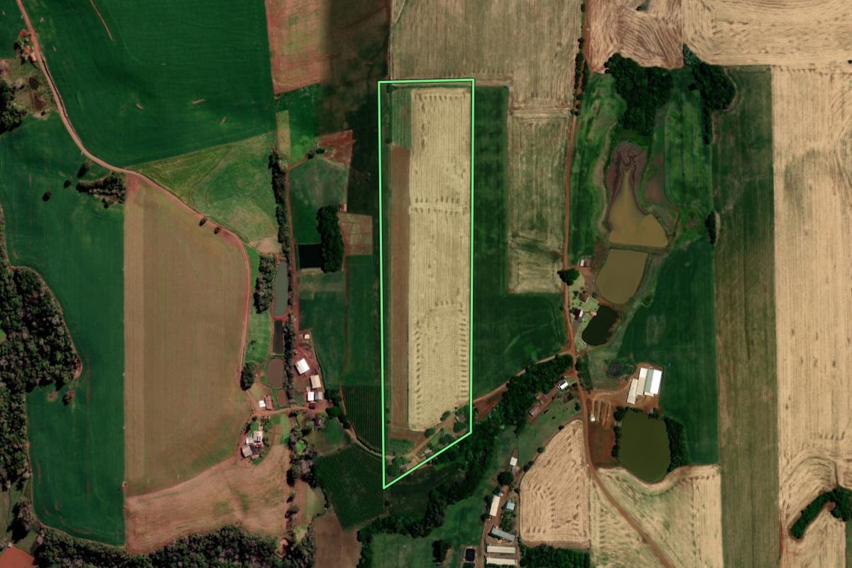 Imagem de satélite do imóvel rural em Nova Boa Vista (RS), com o contorno declarado no CAR desenhado por cima.