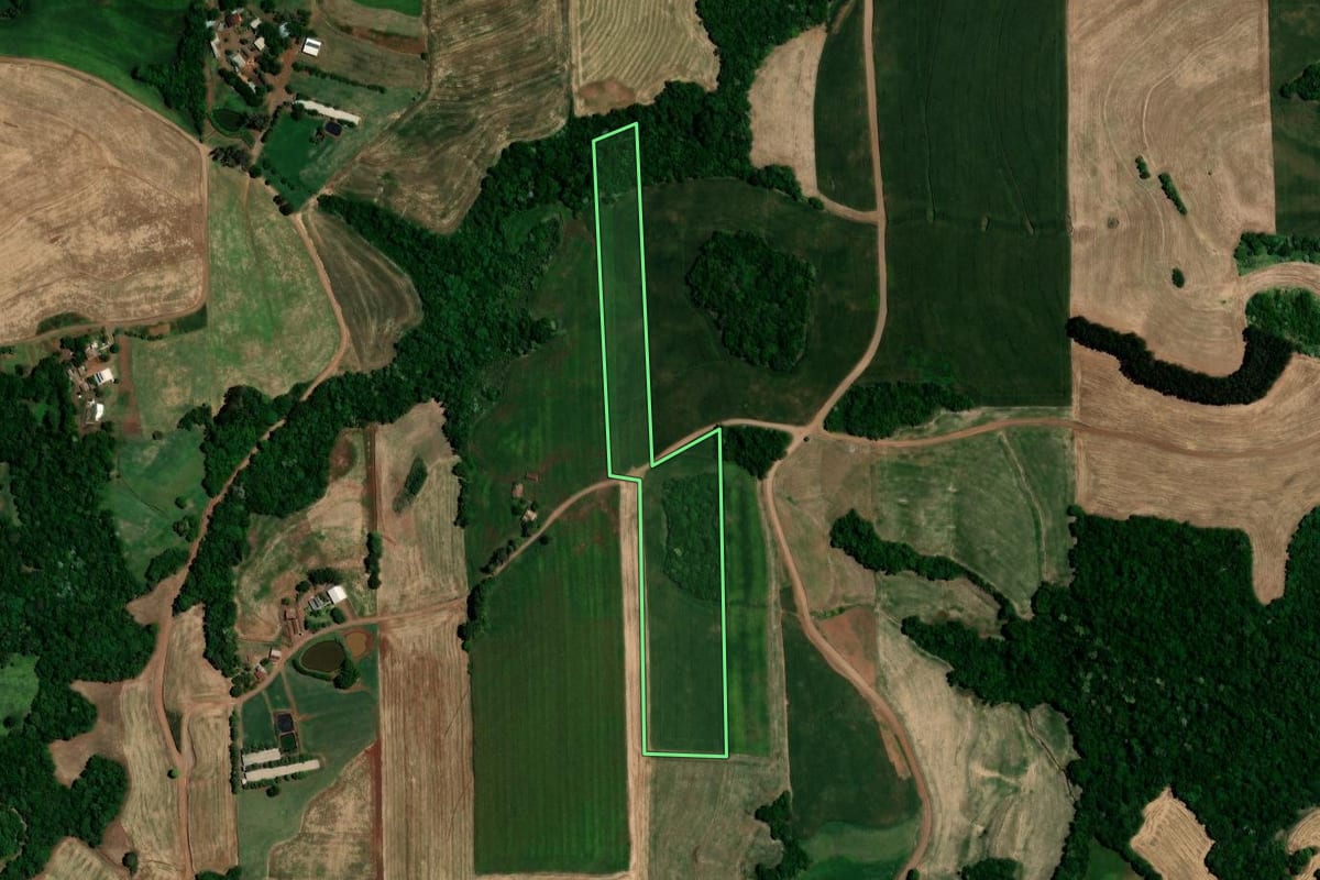Imagem de satélite do imóvel rural em Nova Boa Vista (RS), com o contorno declarado no CAR desenhado por cima.