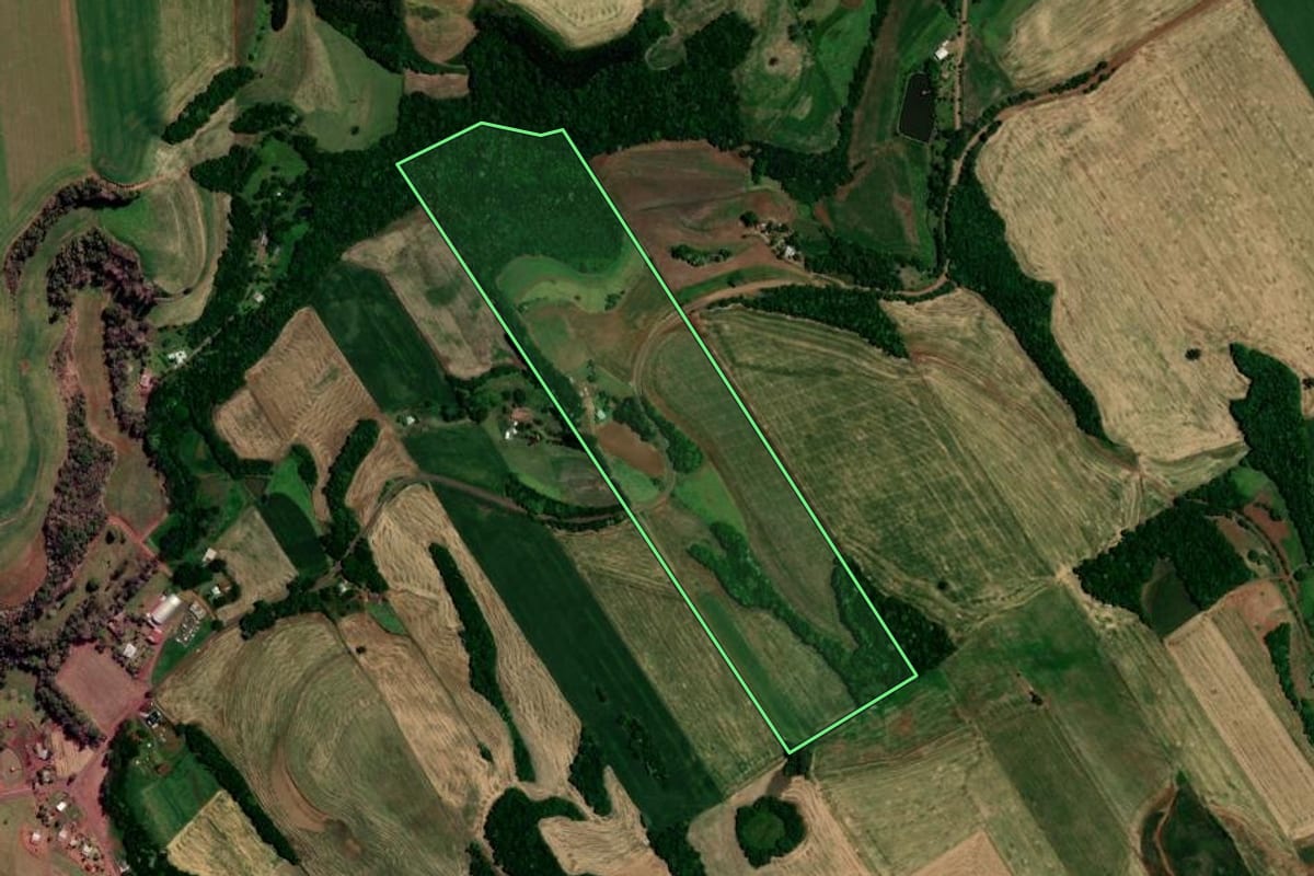 Imagem de satélite do imóvel rural em Nova Boa Vista (RS), com o contorno declarado no CAR desenhado por cima.