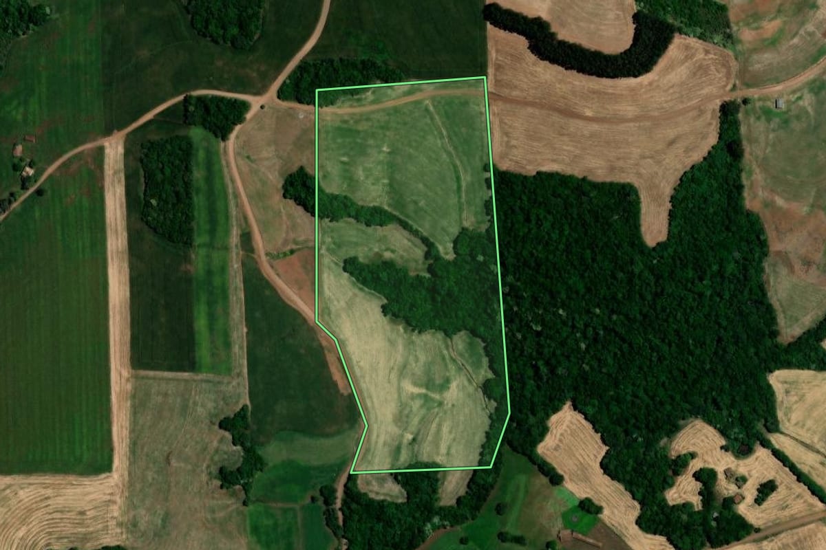 Imagem de satélite do imóvel rural em Nova Boa Vista (RS), com o contorno declarado no CAR desenhado por cima.