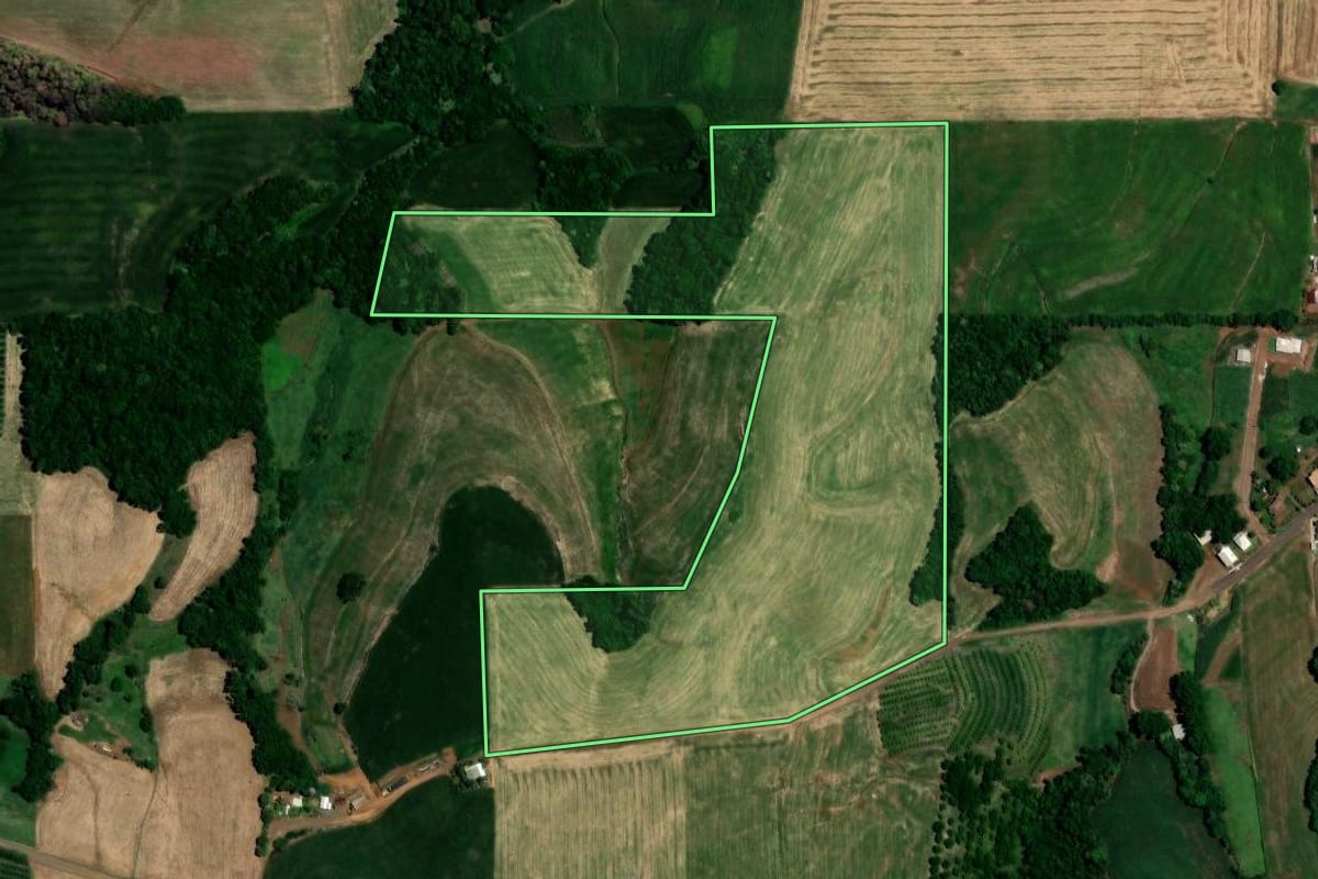 Imagem de satélite do imóvel rural em Nova Boa Vista (RS), com o contorno declarado no CAR desenhado por cima.