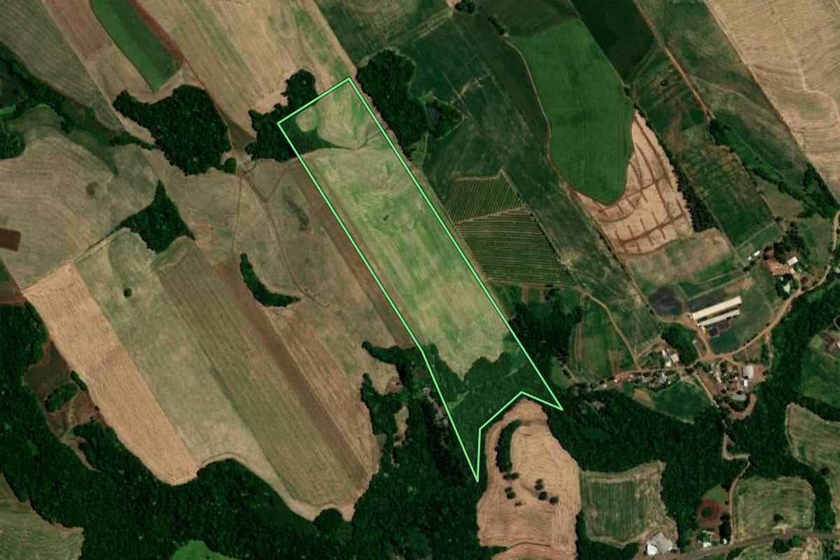 Imagem de satélite do imóvel rural em Nova Boa Vista (RS), com o contorno declarado no CAR desenhado por cima.