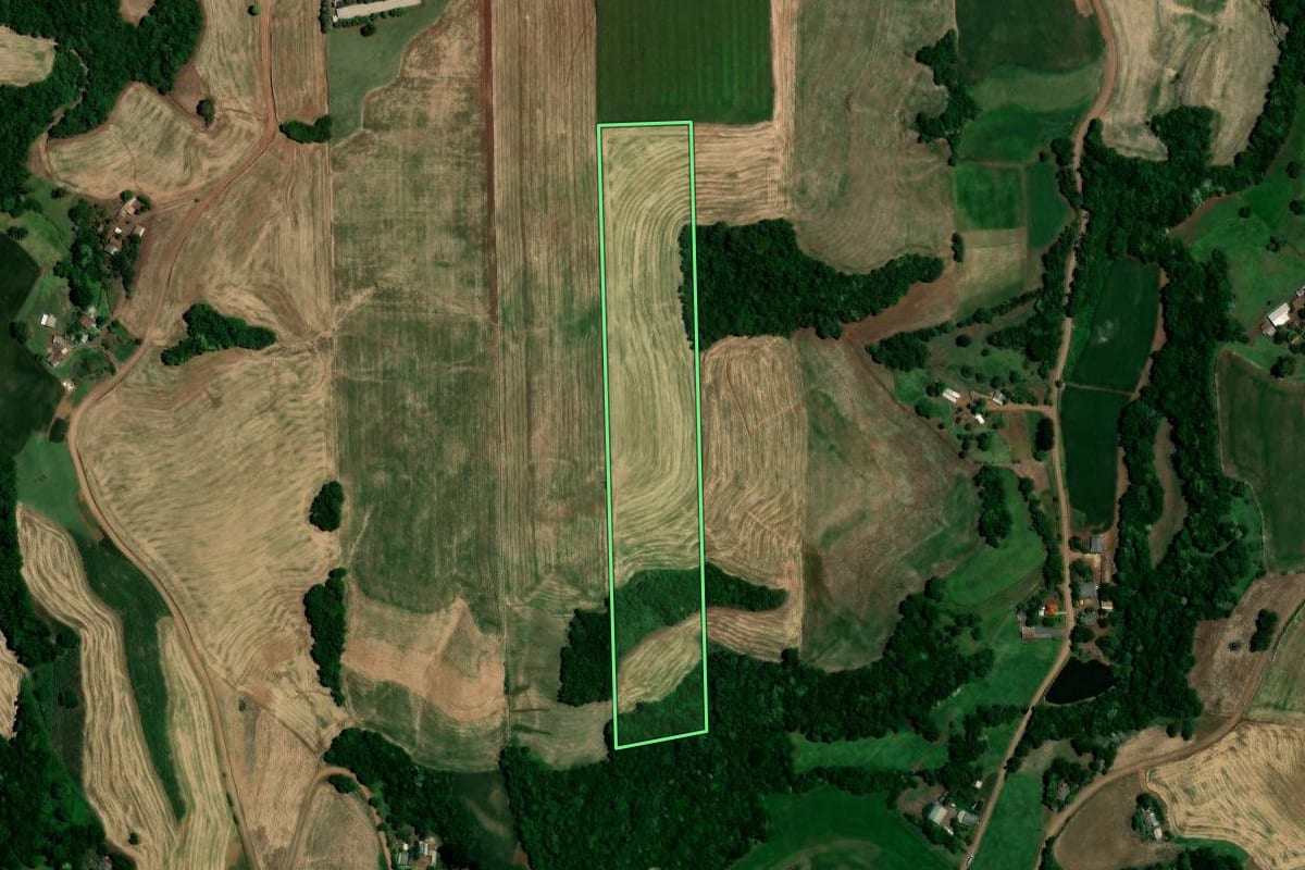 Imagem de satélite do imóvel rural em Nova Boa Vista (RS), com o contorno declarado no CAR desenhado por cima.