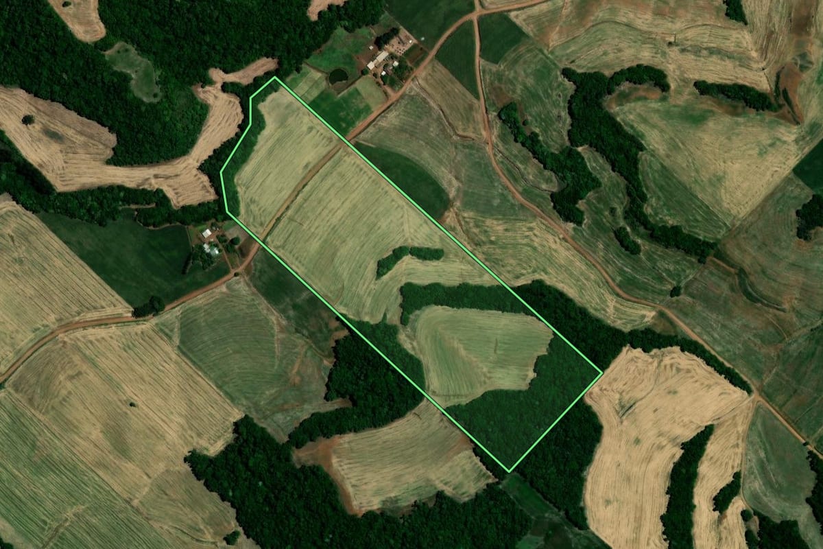 Imagem de satélite do imóvel rural em Nova Boa Vista (RS), com o contorno declarado no CAR desenhado por cima.