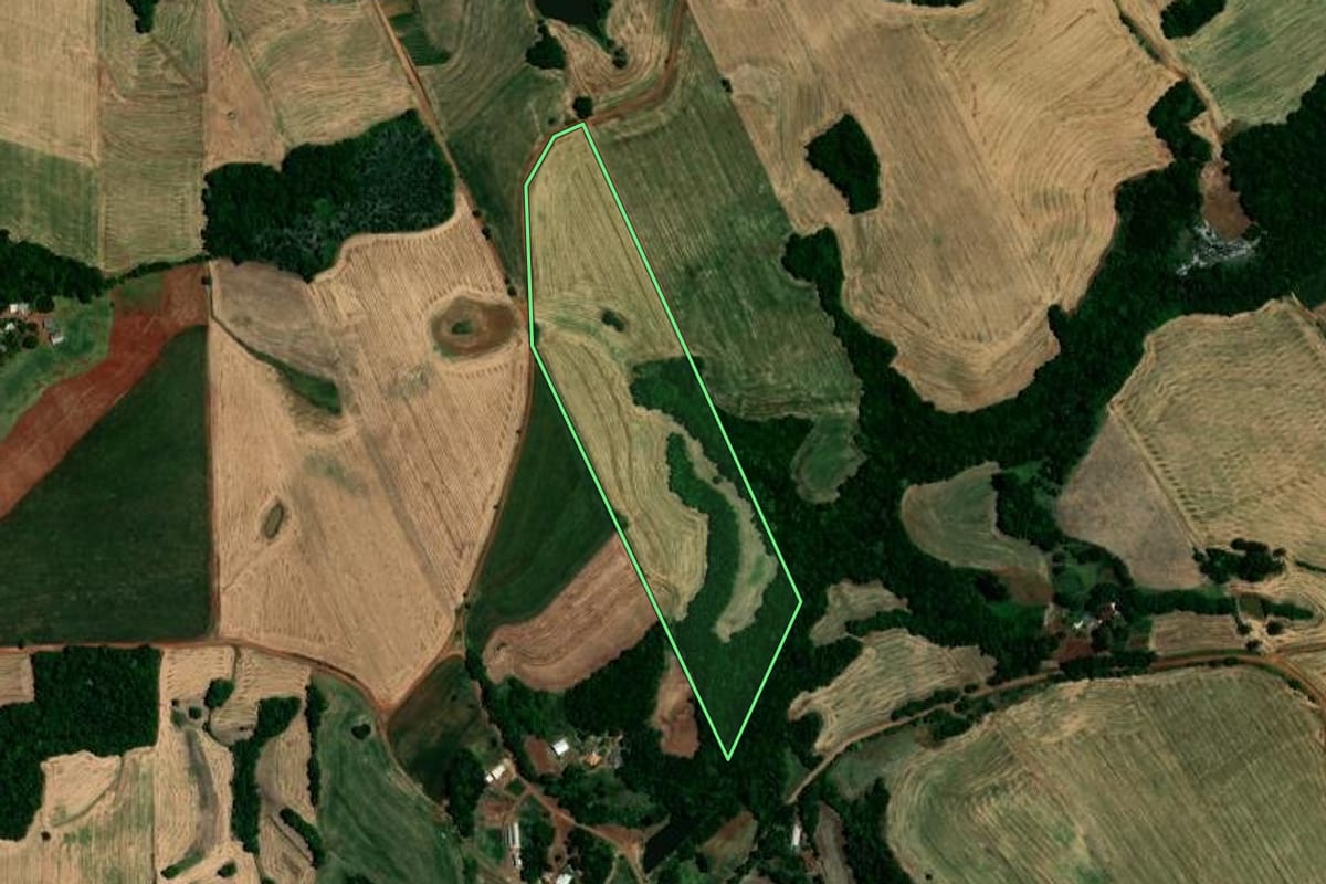 Imagem de satélite do imóvel rural em Nova Boa Vista (RS), com o contorno declarado no CAR desenhado por cima.