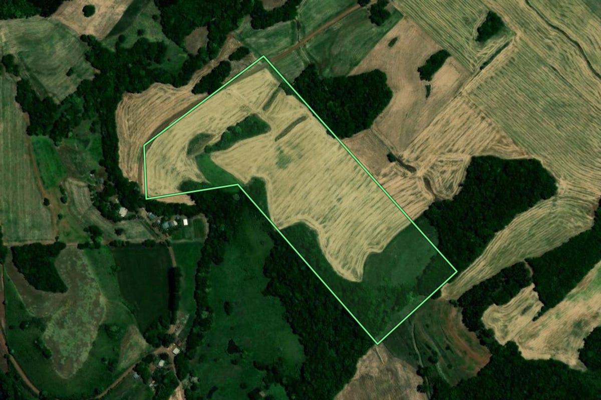 Imagem de satélite do imóvel rural em Nova Boa Vista (RS), com o contorno declarado no CAR desenhado por cima.