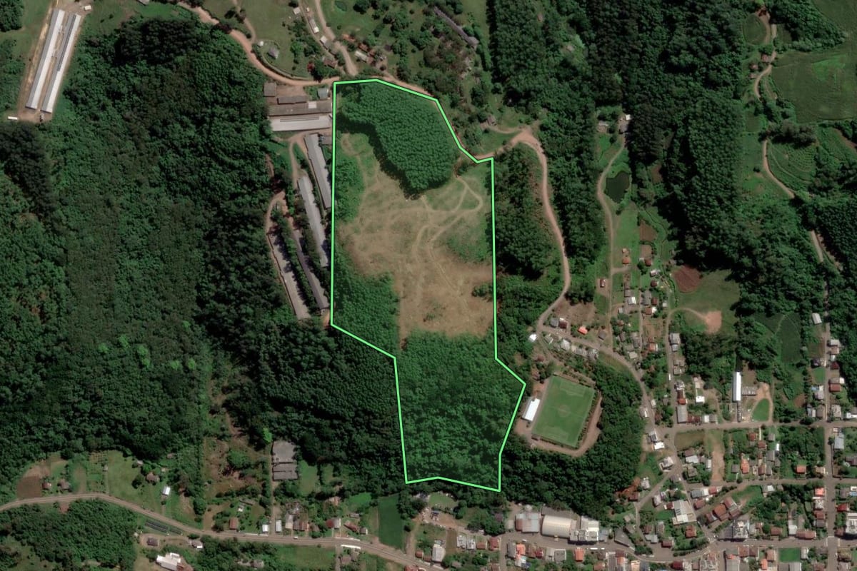 Imagem de satélite do imóvel rural em Nova Bréscia (RS), com o contorno declarado no CAR desenhado por cima.