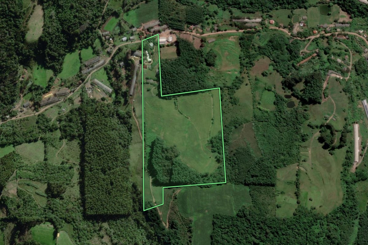 Imagem de satélite do imóvel rural em Nova Bréscia (RS), com o contorno declarado no CAR desenhado por cima.