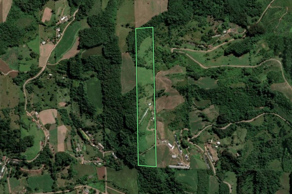 Imagem de satélite do imóvel rural em Nova Bréscia (RS), com o contorno declarado no CAR desenhado por cima.