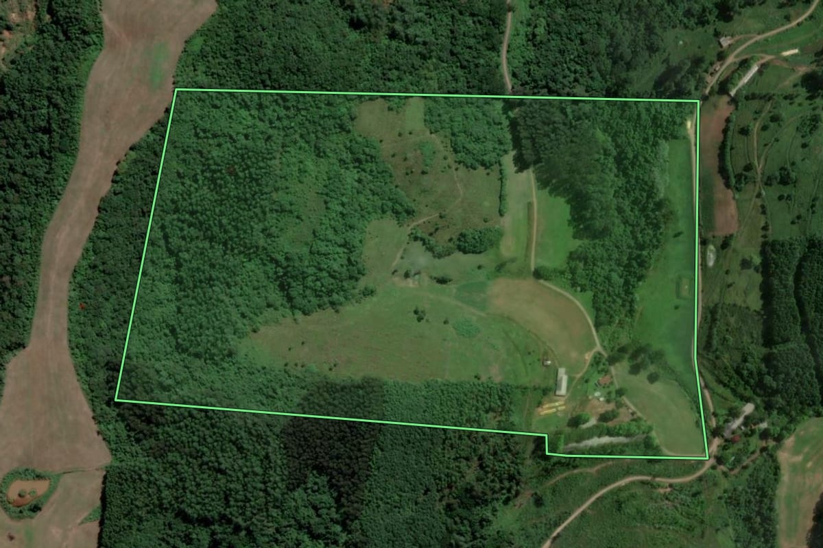 Imagem de satélite do imóvel rural em Nova Bréscia (RS), com o contorno declarado no CAR desenhado por cima.