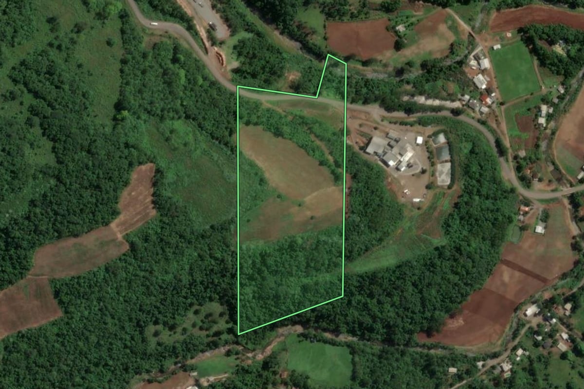 Imagem de satélite do imóvel rural em Nova Bréscia (RS), com o contorno declarado no CAR desenhado por cima.