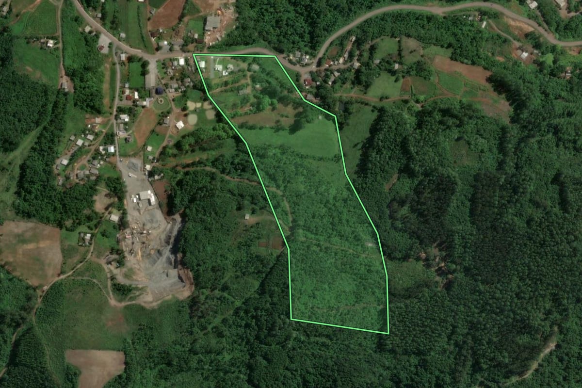 Imagem de satélite do imóvel rural em Nova Bréscia (RS), com o contorno declarado no CAR desenhado por cima.