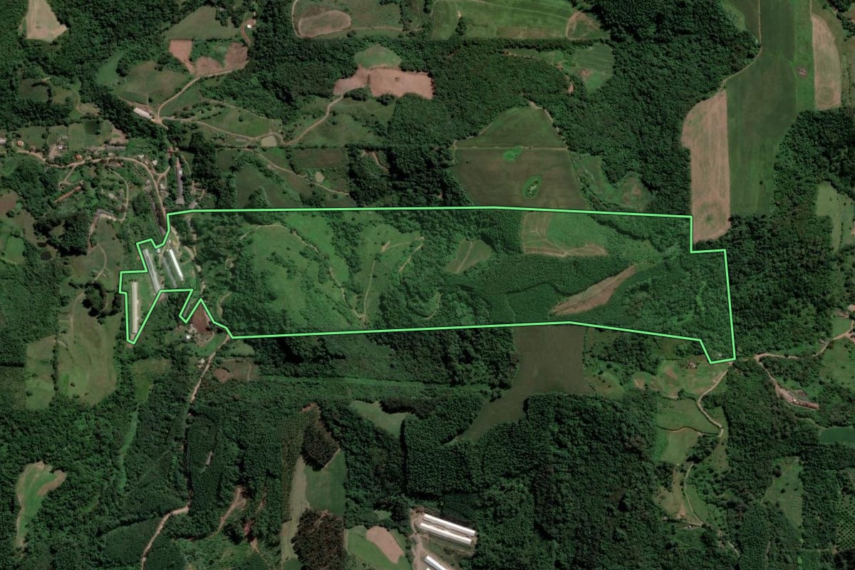 Imagem de satélite do imóvel rural em Nova Bréscia (RS), com o contorno declarado no CAR desenhado por cima.