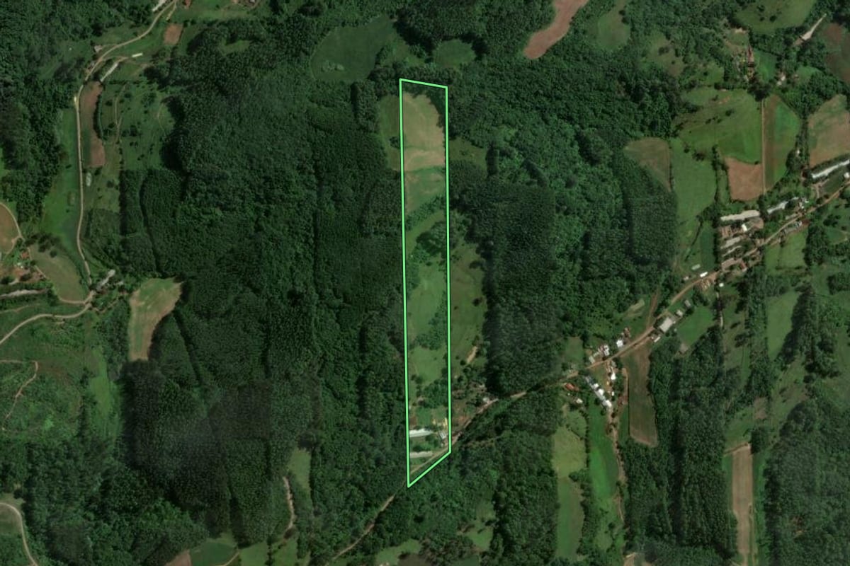 Imagem de satélite do imóvel rural em Nova Bréscia (RS), com o contorno declarado no CAR desenhado por cima.
