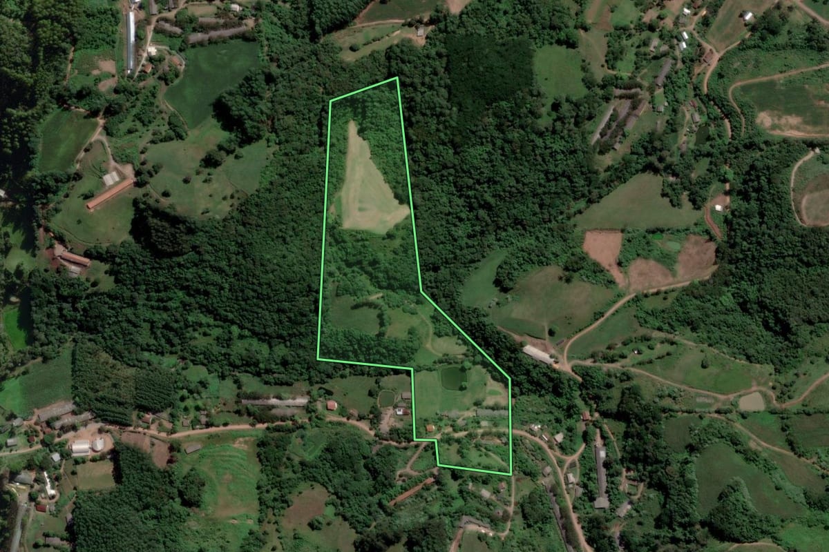 Imagem de satélite do imóvel rural em Nova Bréscia (RS), com o contorno declarado no CAR desenhado por cima.
