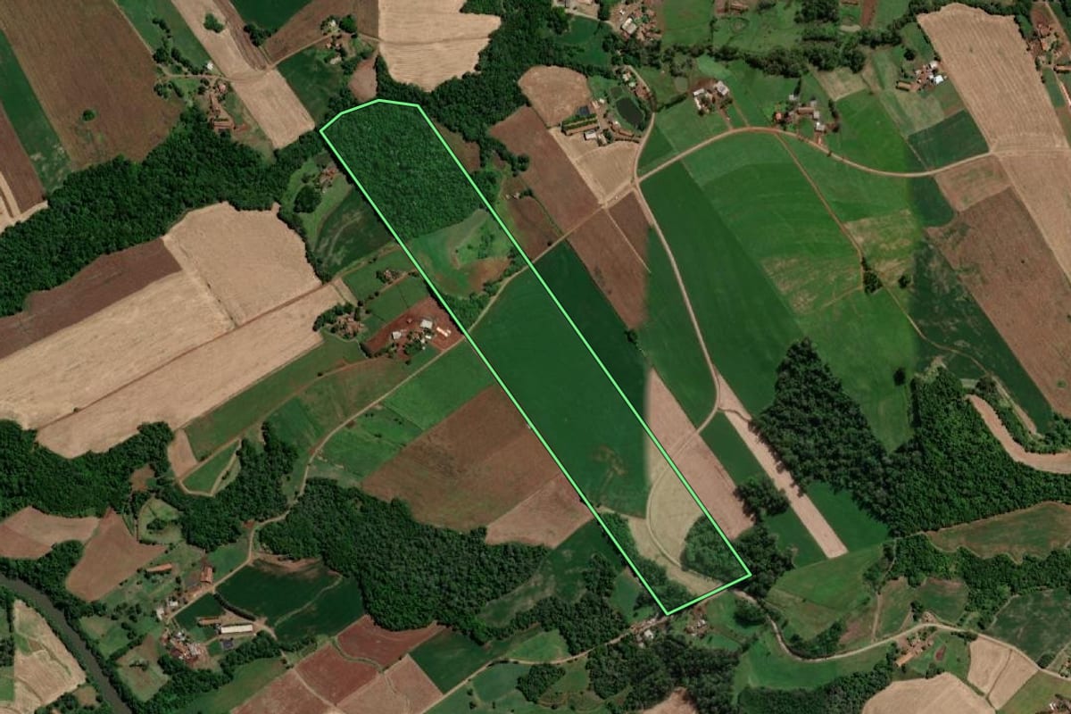 Imagem de satélite do imóvel rural em Nova Candelária (RS), com o contorno declarado no CAR desenhado por cima.