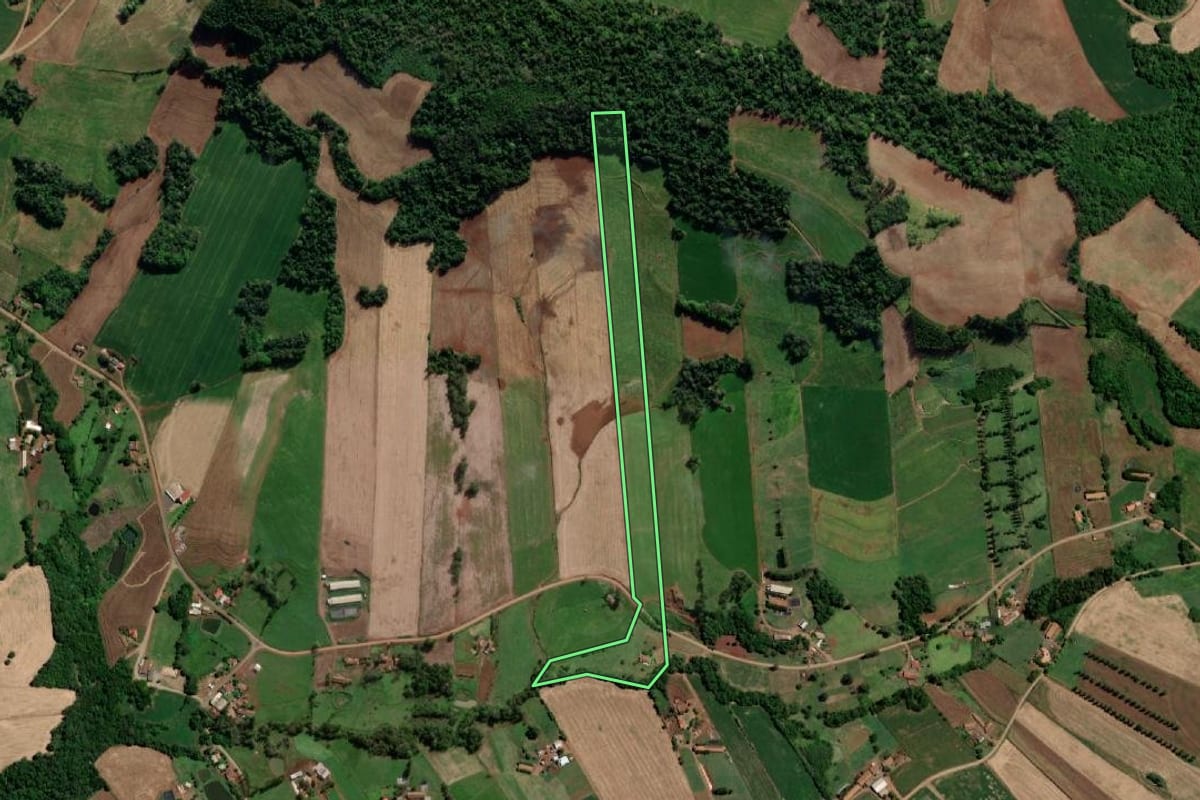 Imagem de satélite do imóvel rural em Nova Candelária (RS), com o contorno declarado no CAR desenhado por cima.