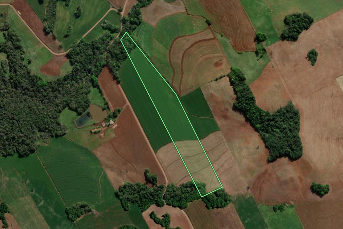 Imagem de satélite do imóvel rural em Nova Candelária (RS), com o contorno declarado no CAR desenhado por cima.