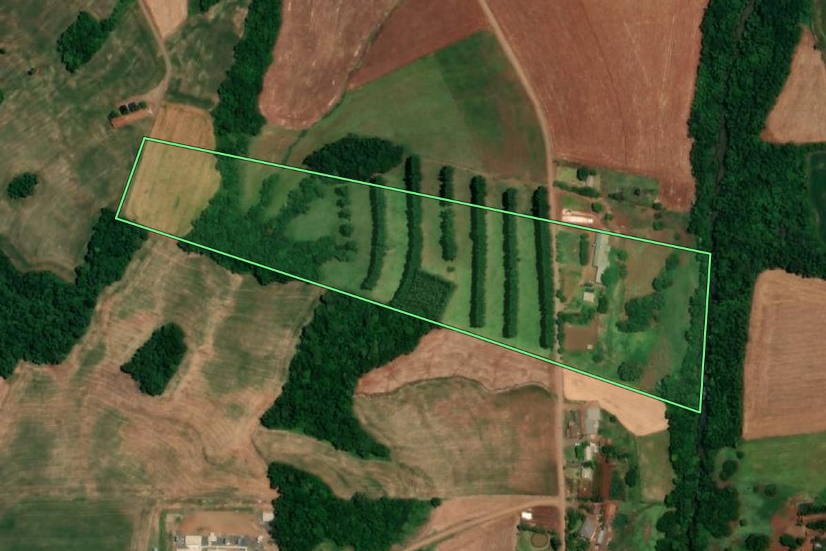 Imagem de satélite do imóvel rural em Nova Candelária (RS), com o contorno declarado no CAR desenhado por cima.