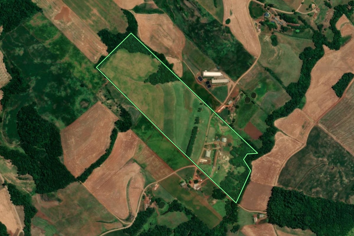 Imagem de satélite do imóvel rural em Nova Candelária (RS), com o contorno declarado no CAR desenhado por cima.