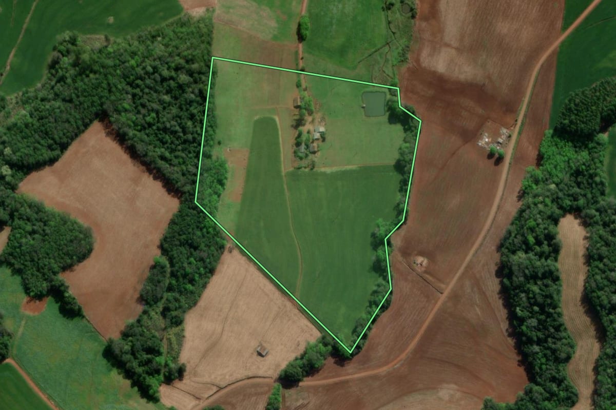 Imagem de satélite do imóvel rural em Nova Candelária (RS), com o contorno declarado no CAR desenhado por cima.