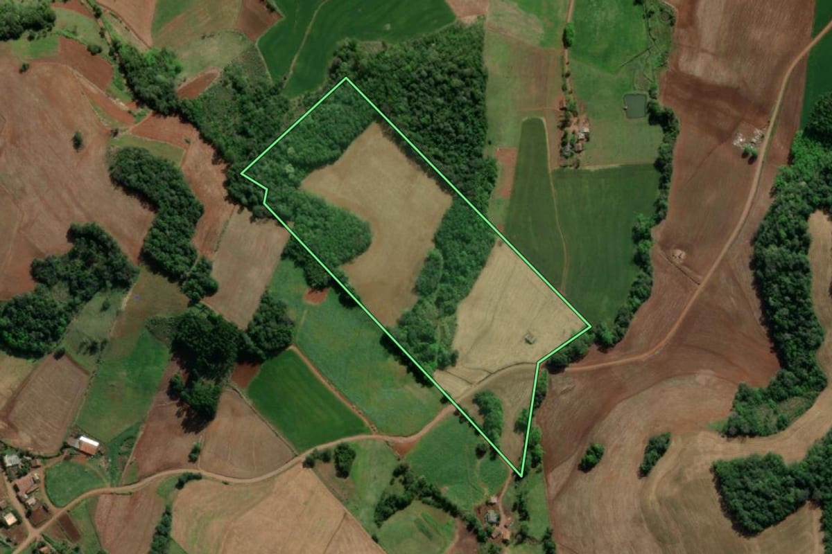 Imagem de satélite do imóvel rural em Nova Candelária (RS), com o contorno declarado no CAR desenhado por cima.