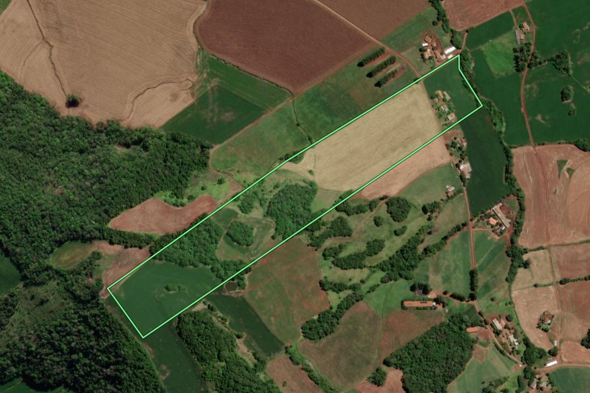 Imagem de satélite do imóvel rural em Nova Candelária (RS), com o contorno declarado no CAR desenhado por cima.