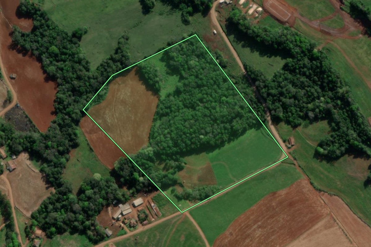 Imagem de satélite do imóvel rural em Nova Candelária (RS), com o contorno declarado no CAR desenhado por cima.