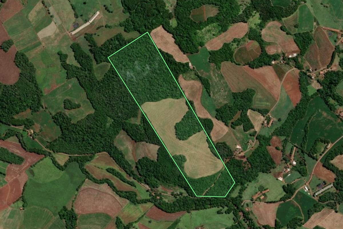Imagem de satélite do imóvel rural em Nova Candelária (RS), com o contorno declarado no CAR desenhado por cima.