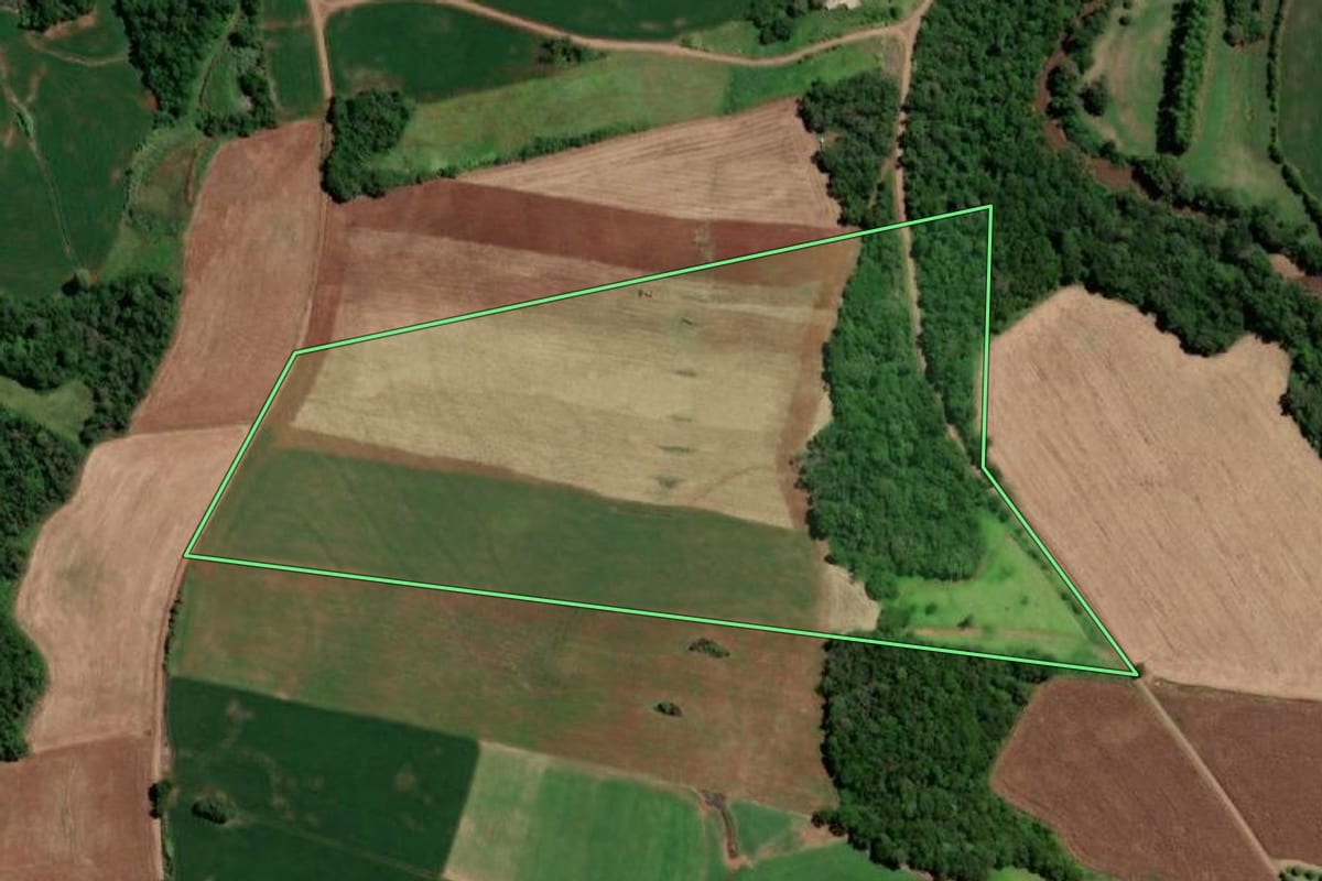 Imagem de satélite do imóvel rural em Nova Candelária (RS), com o contorno declarado no CAR desenhado por cima.