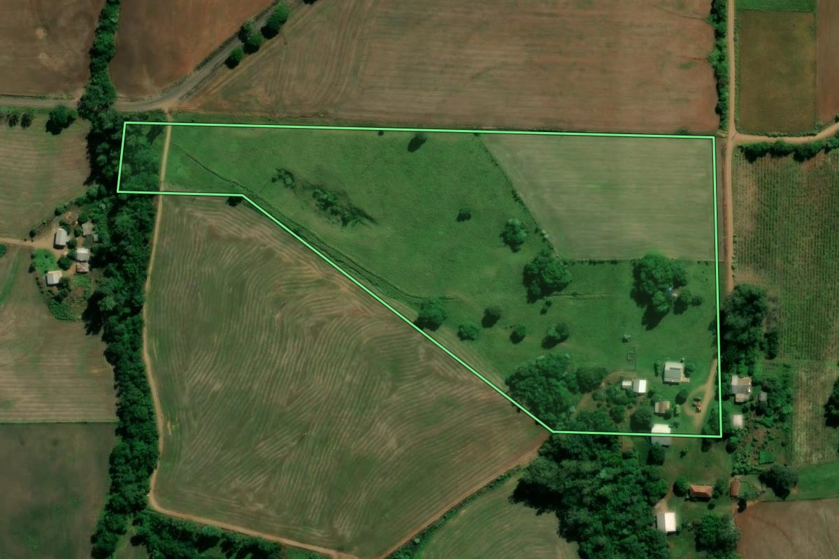 Imagem de satélite do imóvel rural em Nova Esperança do Sul (RS), com o contorno declarado no CAR desenhado por cima.