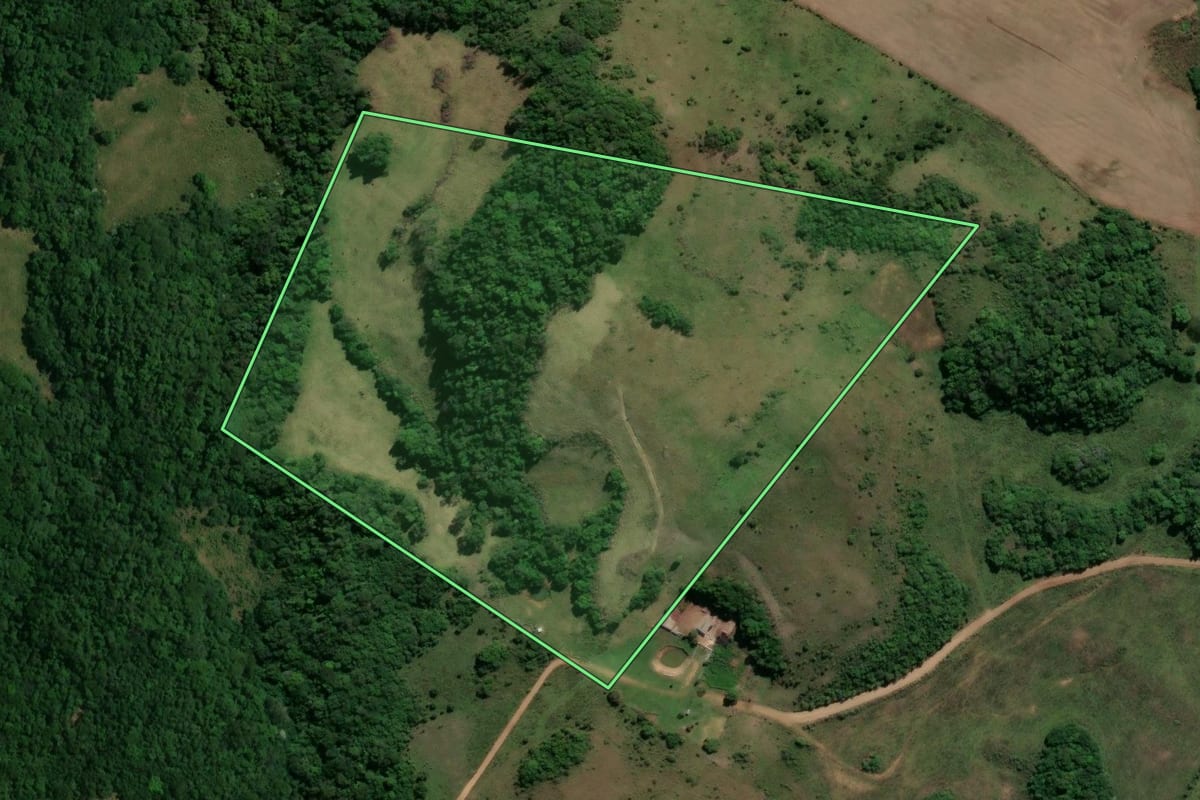 Imagem de satélite do imóvel rural em Nova Esperança do Sul (RS), com o contorno declarado no CAR desenhado por cima.