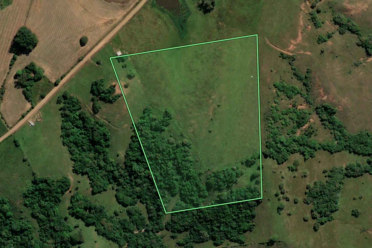 Imagem de satélite do imóvel rural em Nova Esperança do Sul (RS), com o contorno declarado no CAR desenhado por cima.