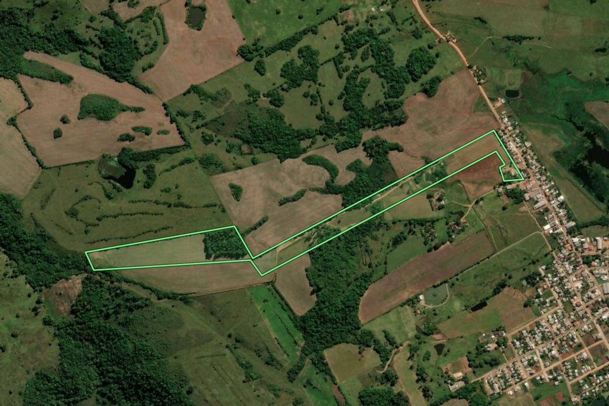 Imagem de satélite do imóvel rural em Nova Esperança do Sul (RS), com o contorno declarado no CAR desenhado por cima.