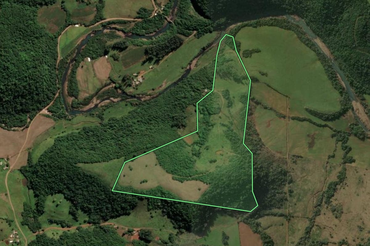Imagem de satélite do imóvel rural em Nova Esperança do Sul (RS), com o contorno declarado no CAR desenhado por cima.