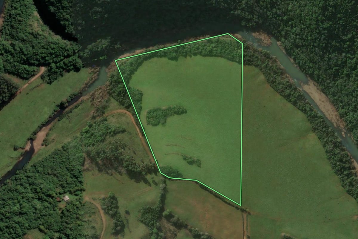 Imagem de satélite do imóvel rural em Nova Esperança do Sul (RS), com o contorno declarado no CAR desenhado por cima.