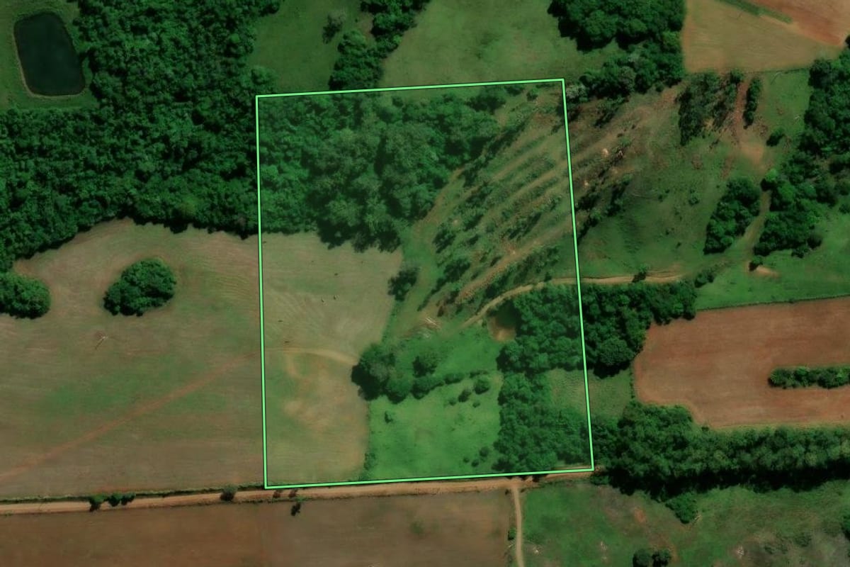 Imagem de satélite do imóvel rural em Nova Esperança do Sul (RS), com o contorno declarado no CAR desenhado por cima.