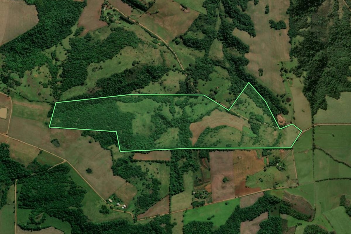 Imagem de satélite do imóvel rural em Nova Esperança do Sul (RS), com o contorno declarado no CAR desenhado por cima.