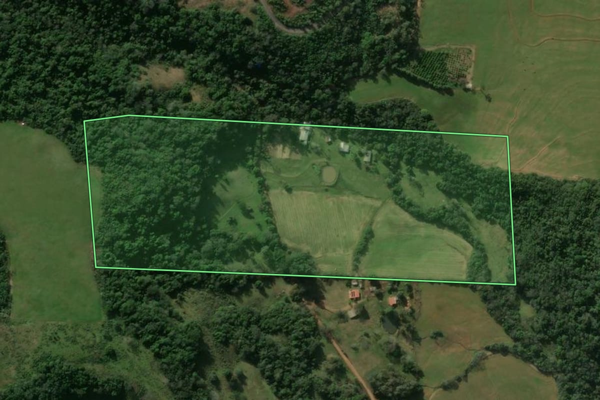 Imagem de satélite do imóvel rural em Nova Esperança do Sul (RS), com o contorno declarado no CAR desenhado por cima.