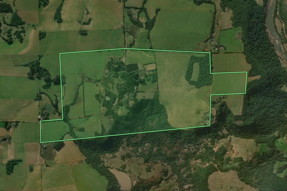 Imagem de satélite do imóvel rural em Nova Esperança do Sul (RS), com o contorno declarado no CAR desenhado por cima.