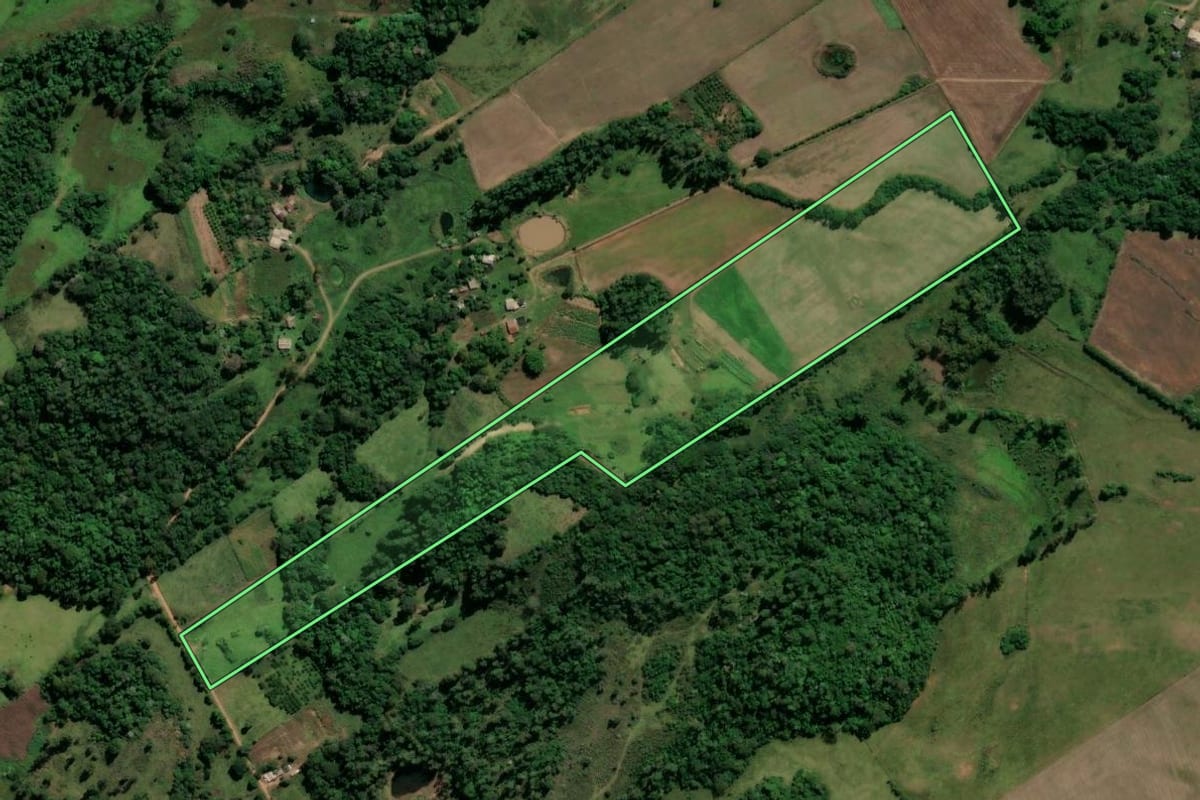 Imagem de satélite do imóvel rural em Nova Esperança do Sul (RS), com o contorno declarado no CAR desenhado por cima.