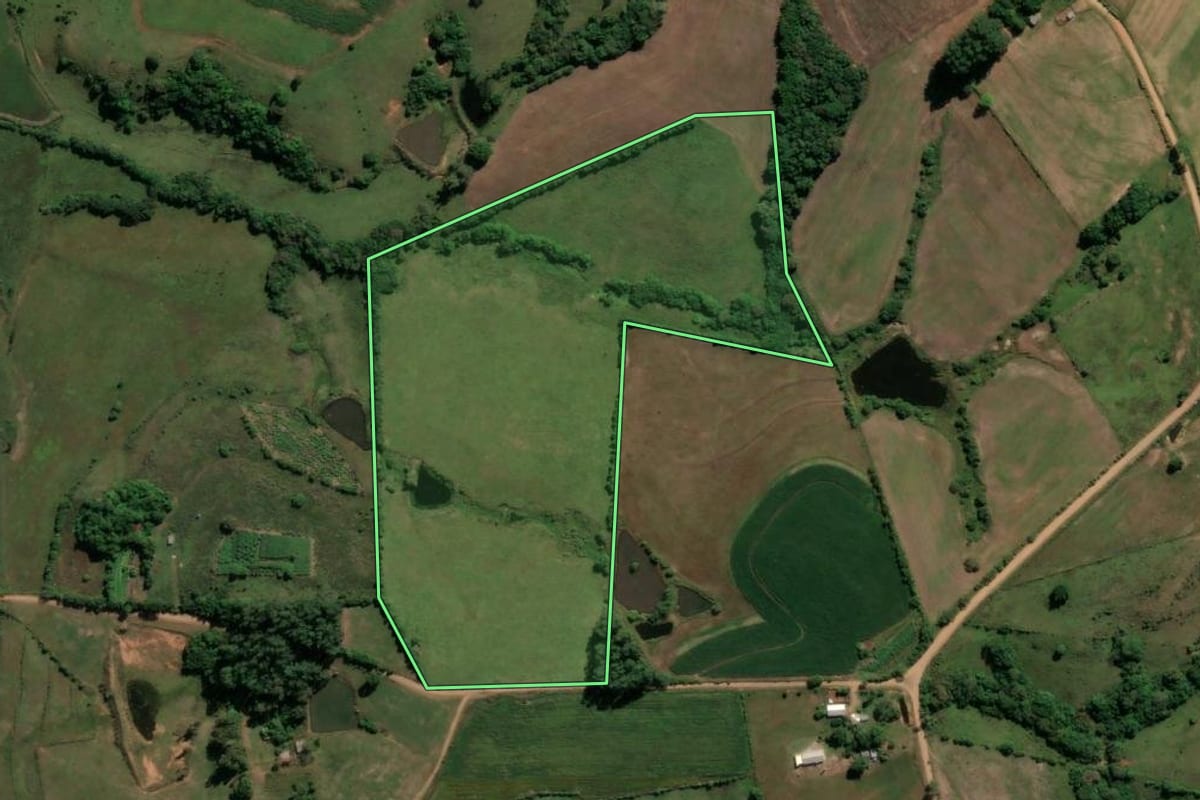 Imagem de satélite do imóvel rural em Nova Esperança do Sul (RS), com o contorno declarado no CAR desenhado por cima.