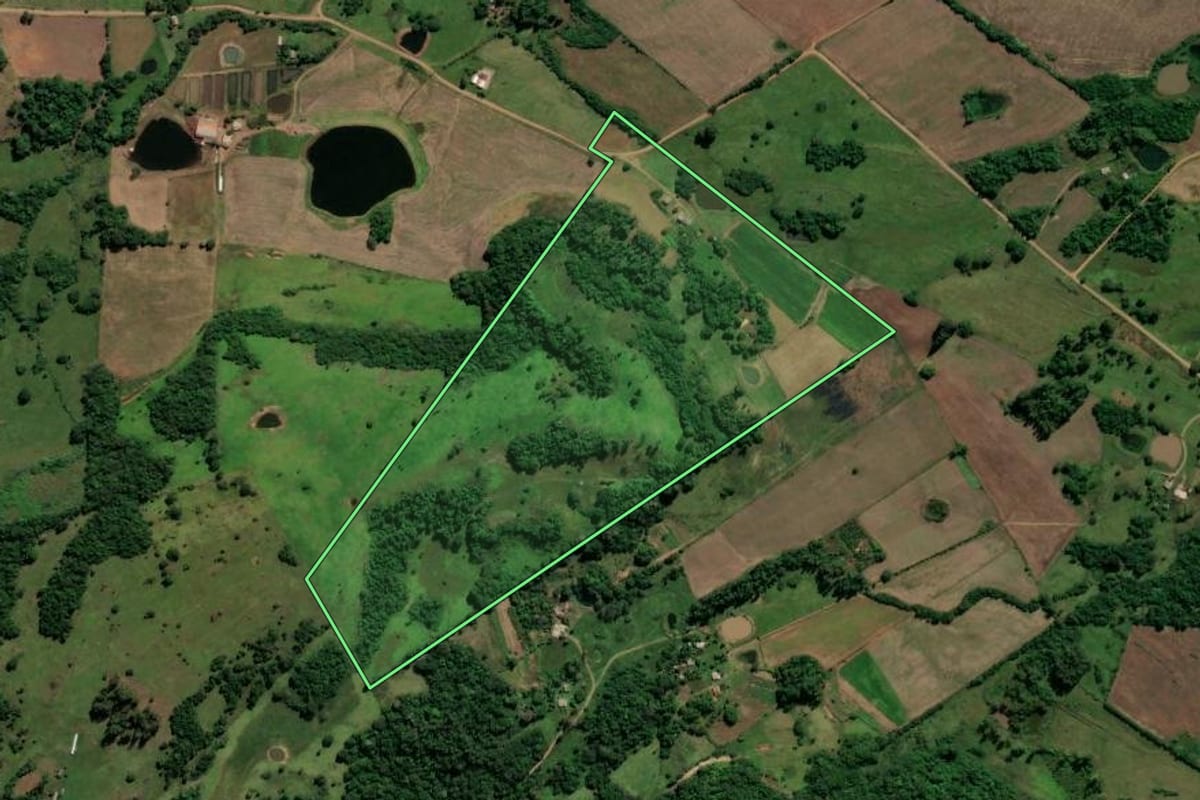 Imagem de satélite do imóvel rural em Nova Esperança do Sul (RS), com o contorno declarado no CAR desenhado por cima.