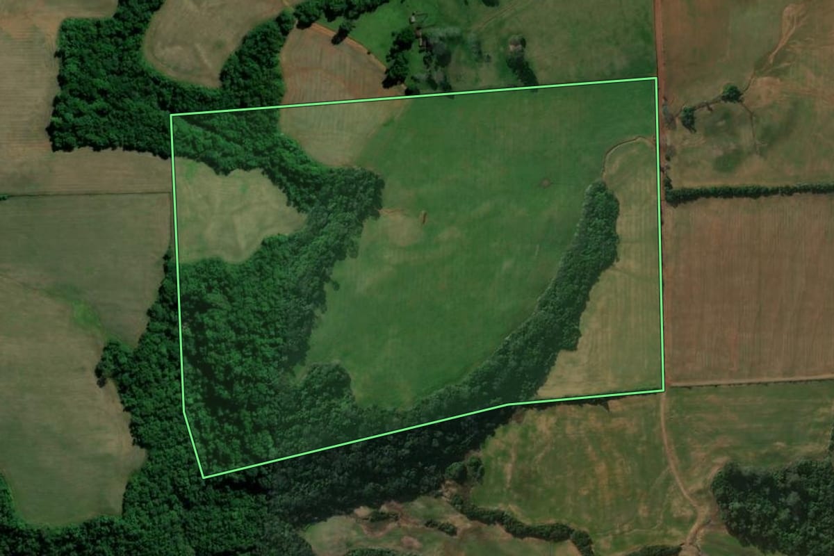 Imagem de satélite do imóvel rural em Nova Esperança do Sul (RS), com o contorno declarado no CAR desenhado por cima.