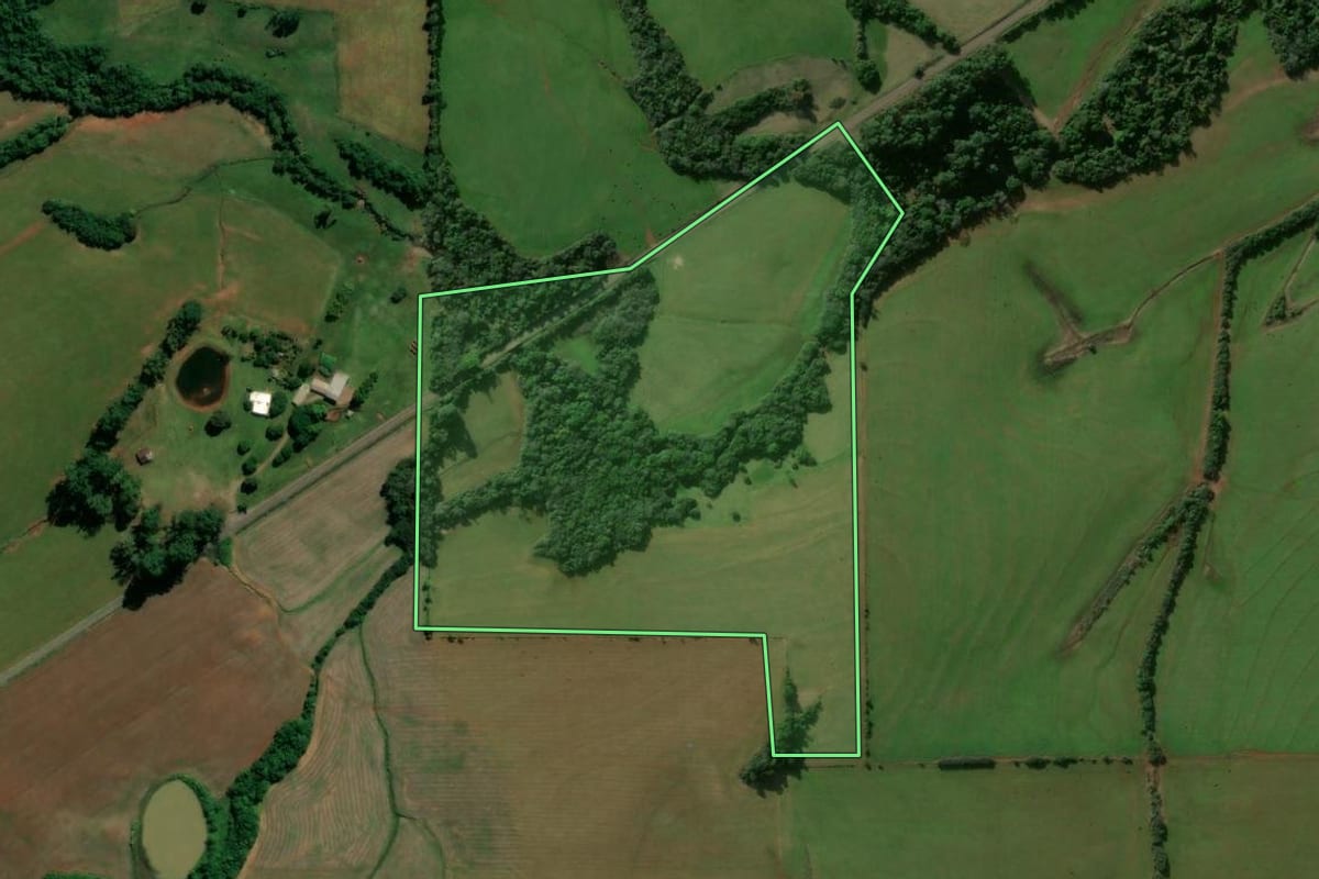 Imagem de satélite do imóvel rural em Nova Esperança do Sul (RS), com o contorno declarado no CAR desenhado por cima.