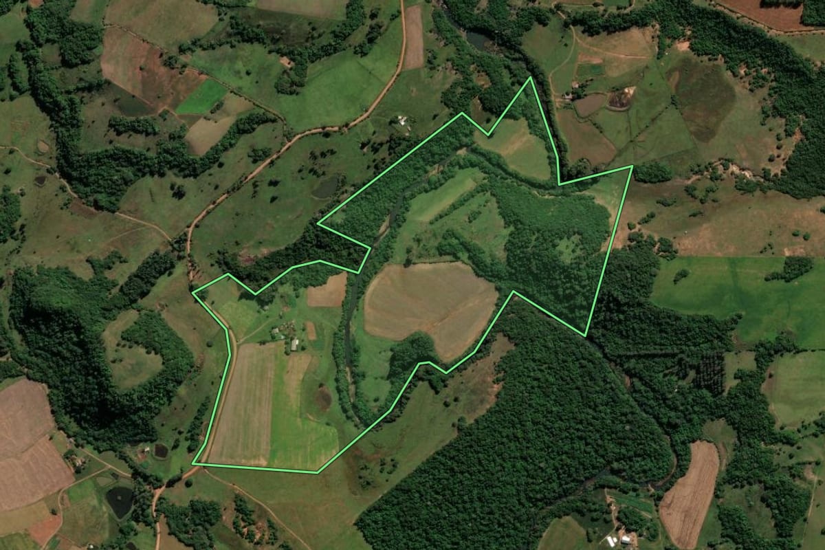 Imagem de satélite do imóvel rural em Nova Esperança do Sul (RS), com o contorno declarado no CAR desenhado por cima.