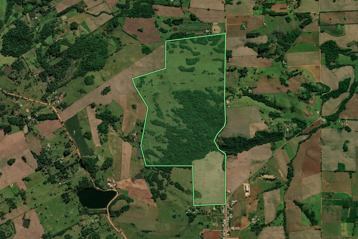 Imagem de satélite do imóvel rural em Nova Esperança do Sul (RS), com o contorno declarado no CAR desenhado por cima.