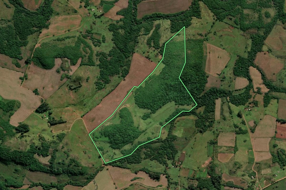 Imagem de satélite do imóvel rural em Nova Esperança do Sul (RS), com o contorno declarado no CAR desenhado por cima.